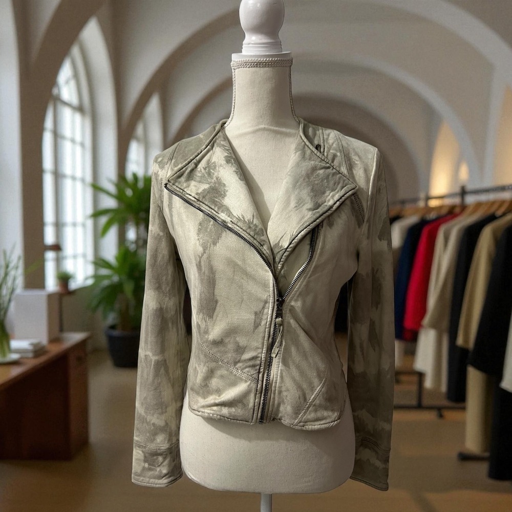 MARRAKECH Womens Tie Dye Moto Jacket Asymmetrical Zip Gray Beige Size S